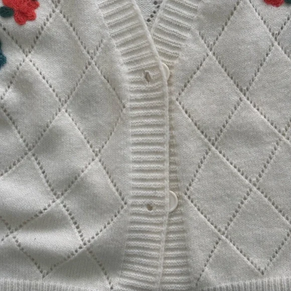 Ivory Diamond-Knit Cardigan with Floral Embroidery Cottagecore Cardigan - Picture 8 of 9